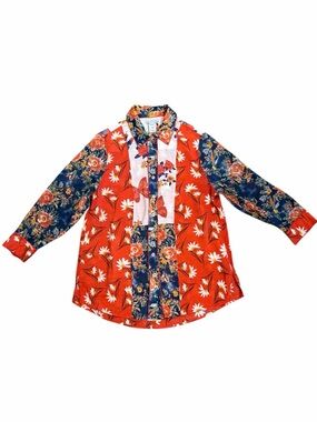 Multiples Floral Patchwork Button-Up Top - Red & Navy - M